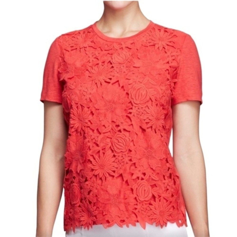 Tory Burch Floral‎ Lace Overlay Katama Linen Cotton Tee Sz Small Tangerine